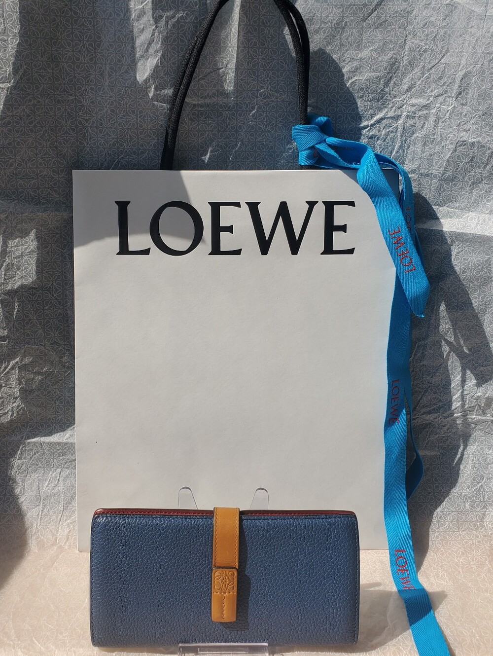 Loewe Blue Leather Wallet with Tan Strap Accent